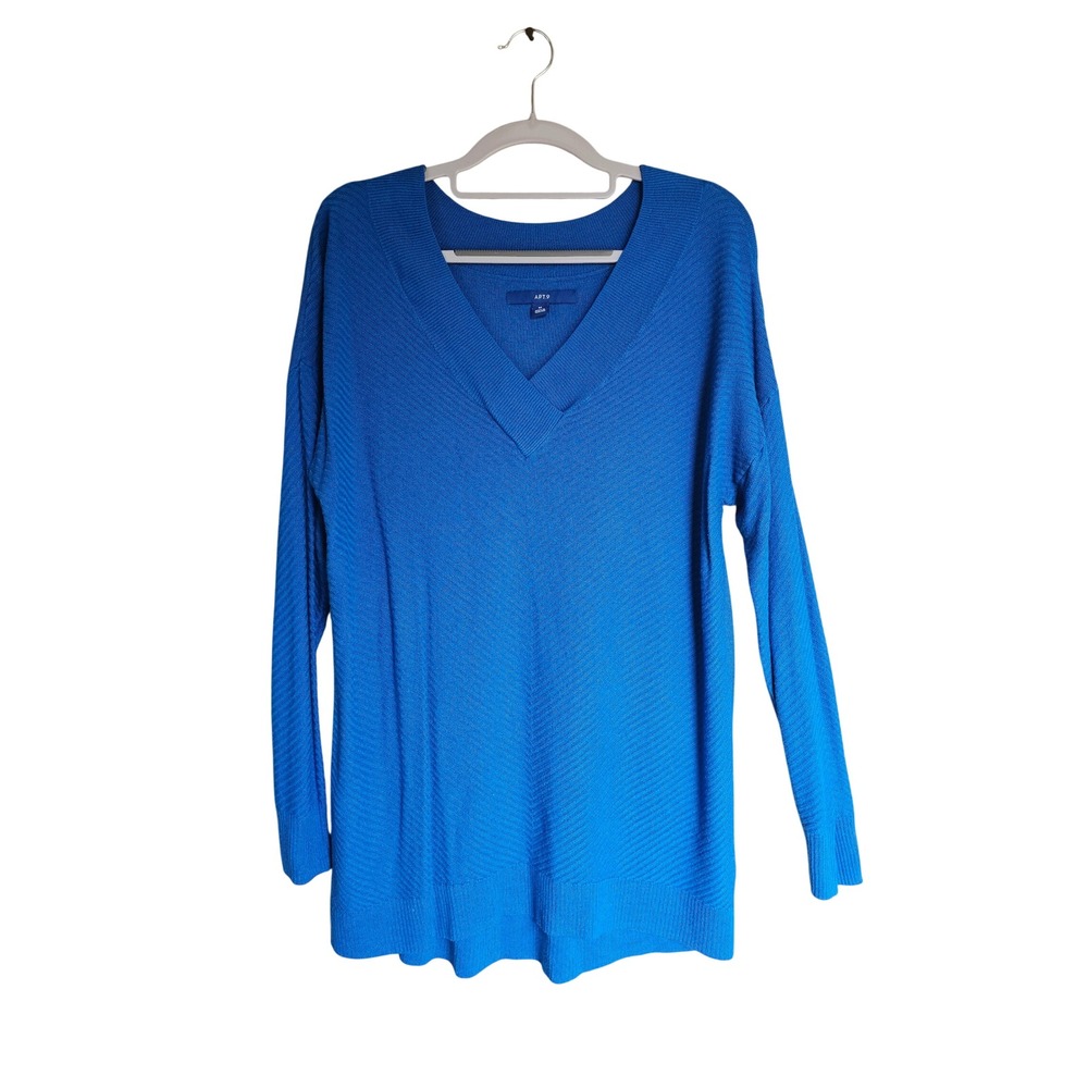 Apt 9 V-Neck Sweater Womens Medium Blue Ribbed Knit Long Sleeve Rayon Blend Soft